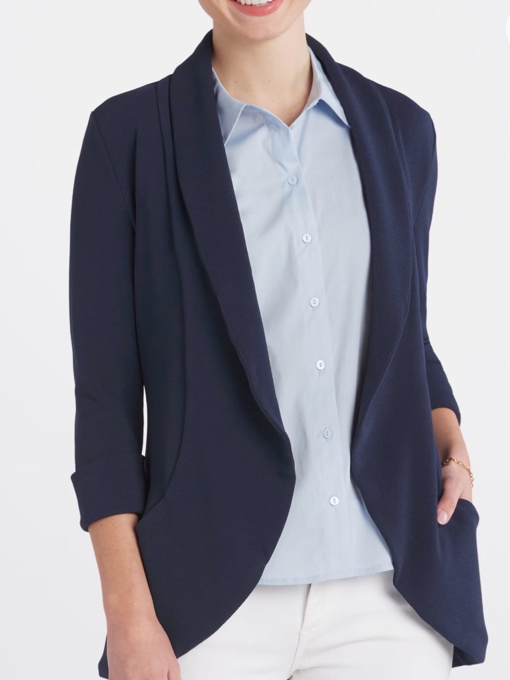 Women’s Navy Open-Front Draped Blazer Jacket